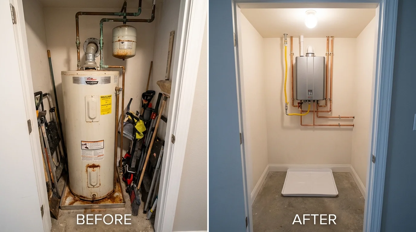 Tank water heater versus wall-mounted tankless unit comparison for Marshall, MO homeowners