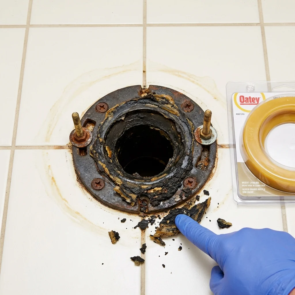 Failed wax ring showing water seepage at the base of a toilet in a Marshall, MO home