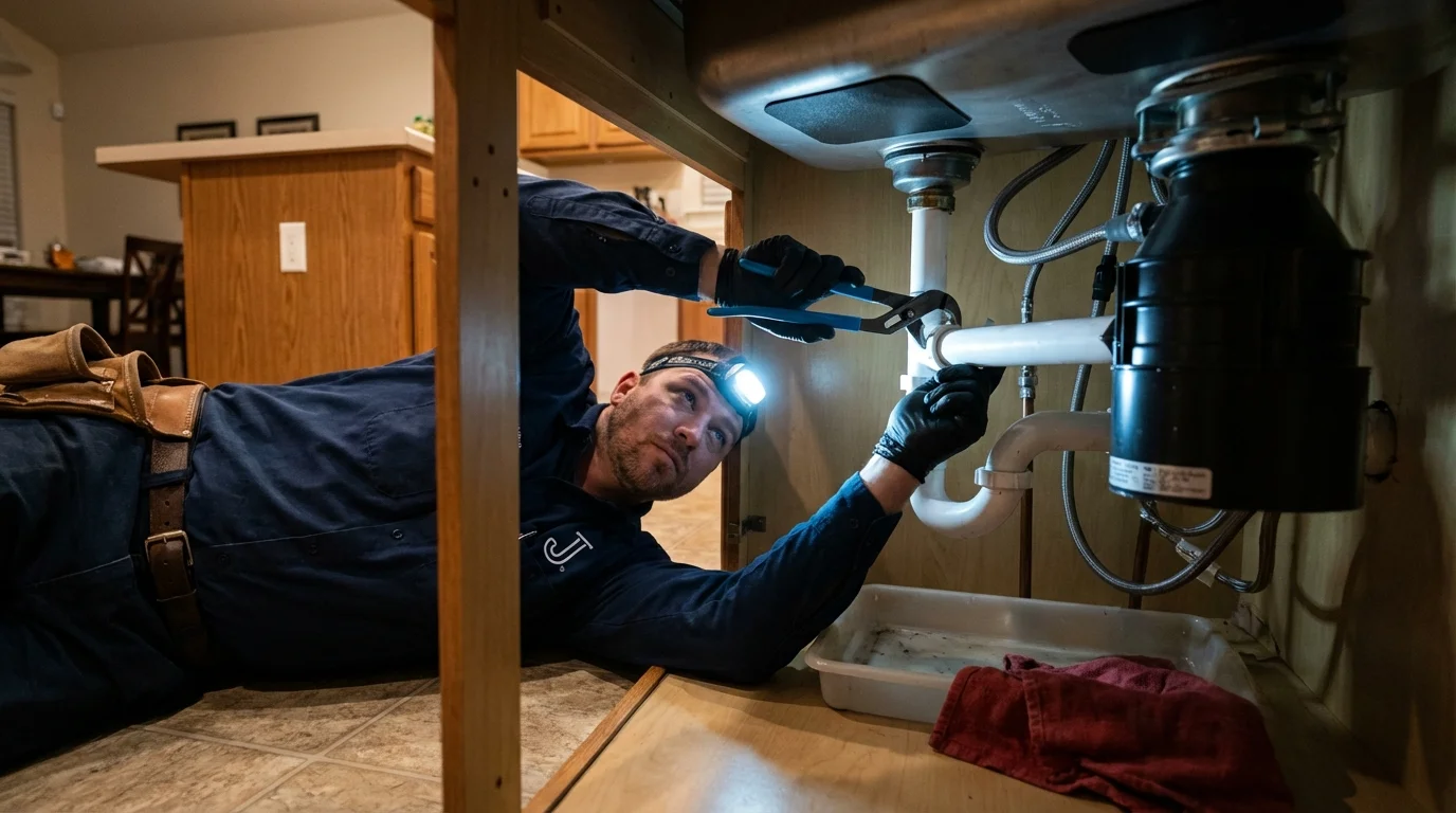 P-trap and supply line connections under a kitchen sink showing a common leak point in Marshall, MO